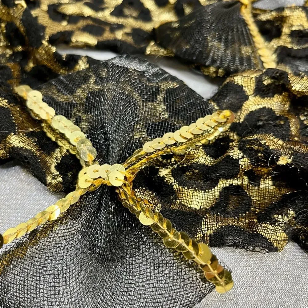 Pier 1 Imports Leopard Print Lace Gloves with Gold Accent Bows and Bling